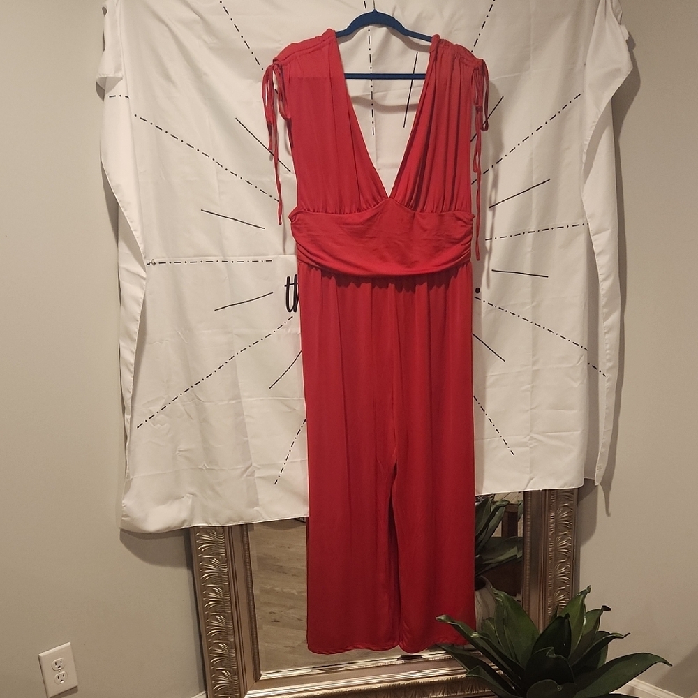 Vibrant Red Sleeveless Jumpsuit with Wrap V-Neckline